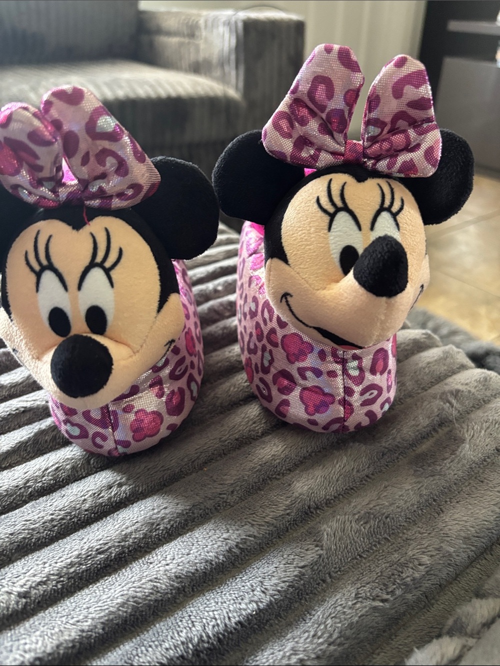 Disney Minnie Mouse Pink Leopard Plush Slippers with Bow